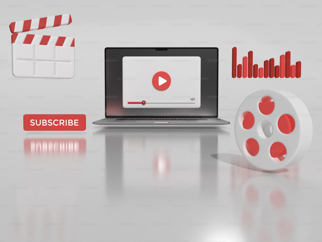 3D illustration of YouTube video elements including a laptop screen with play button, subscribe button, film reel, video clapperboard, and analytics chart in red and white.